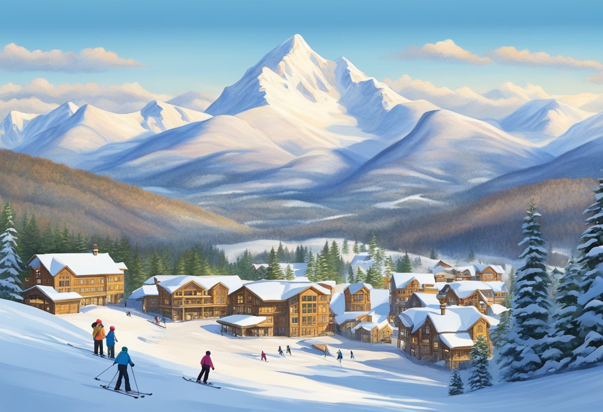 Snow-covered mountains at top Maine ski resorts, with families skiing and snowboarding, cozy lodges, and clear blue skies
