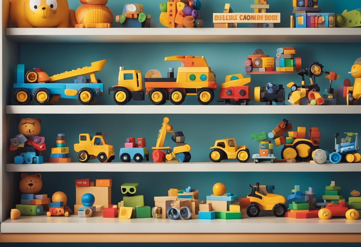 A colorful display of toys arranged by age and skill level, with labels indicating developmental stages