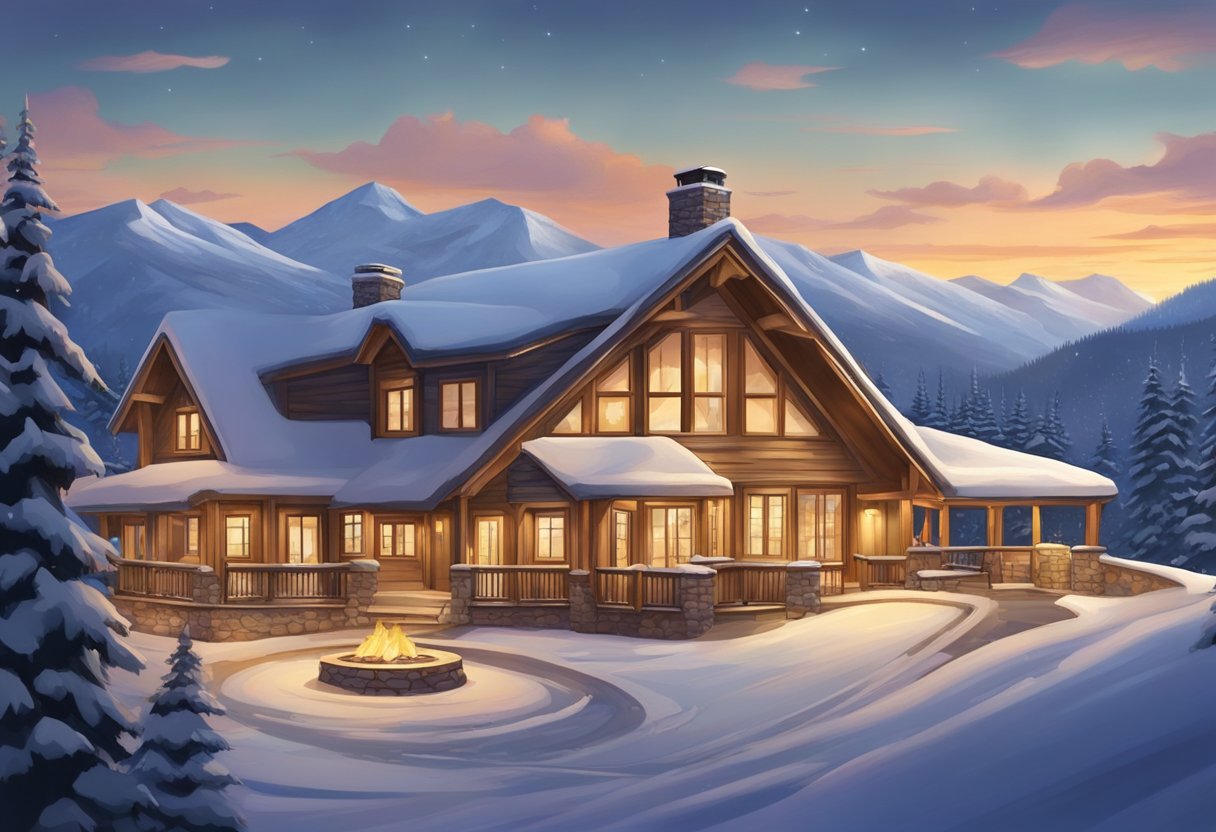 A cozy ski lodge nestled in the snowy mountains, with a roaring fireplace, hot cocoa station, and children's play area. A family-friendly atmosphere with ski-in, ski-out access to the slopes