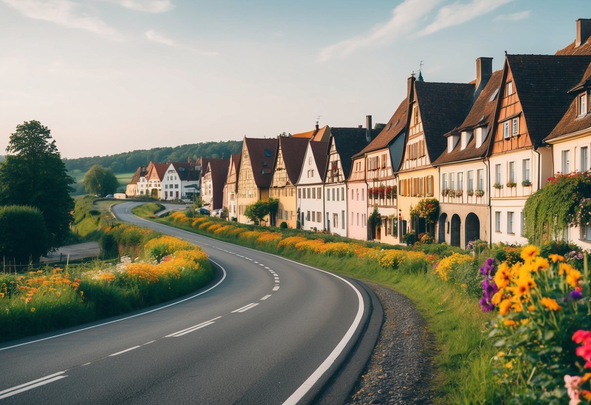 Eine malerische Straße, die sich durch die deutsche Landschaft schlängelt, gesäumt von bezaubernden alten Gebäuden und bunten Blumen