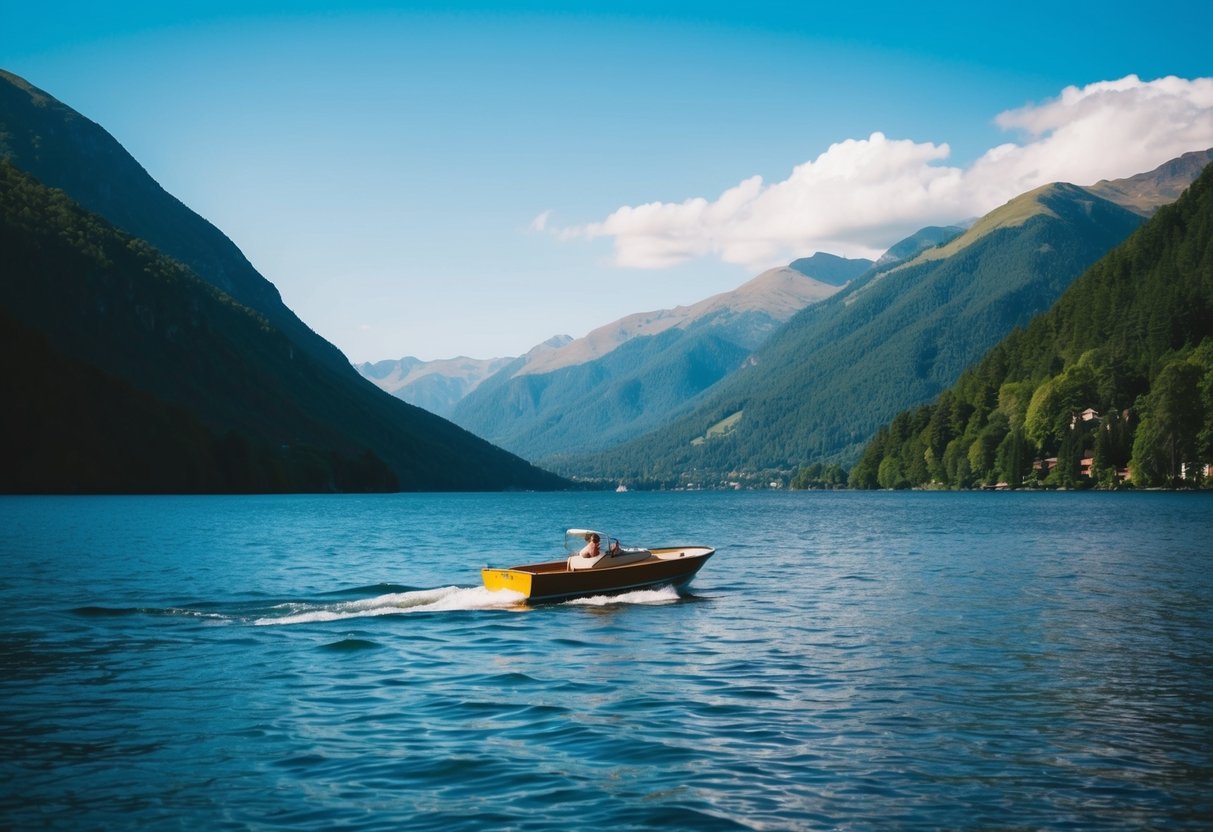 Ein ruhiger See, umgeben von üppig grünen Bergen, mit einem klaren blauen Himmel über ihm und einem kleinen Boot, das über das Wasser gleitet