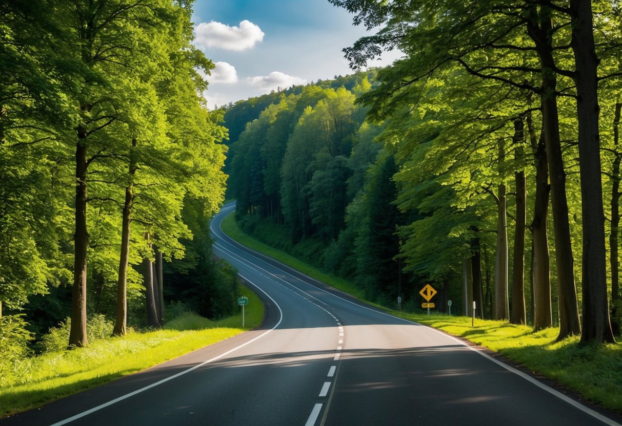 Eine kurvenreiche Straße führt durch die üppige, grüne Landschaft des Schwarzwalds in Baden-Württemberg. Hohe Bäume säumen den Weg und die Sonne wirft gesprenkelte Schatten auf den Bürgersteig