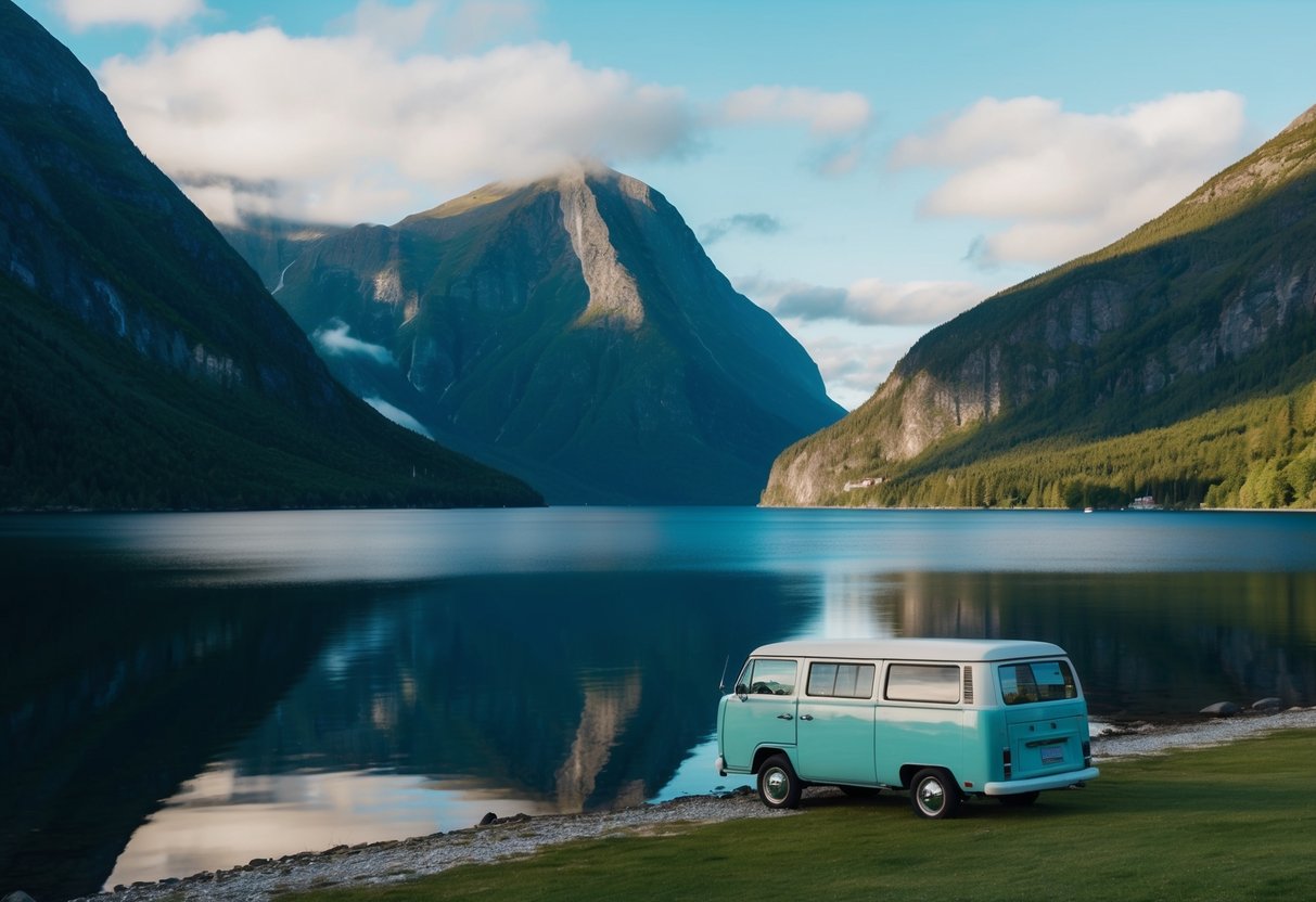 Ein ruhiger Fjord in Norwegen, umgeben von hohen Bergen und üppigem Grün, mit einem friedlichen Lieferwagen, der am Ufer geparkt ist