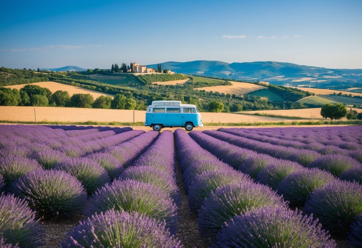 Ein malerischer Blick auf Lavendelfelder in der Provence, Frankreich, mit einem in der Ferne geparkten Oldtimer-Van. Sanfte Hügel und ein klarer blauer Himmel runden die malerische Landschaft ab