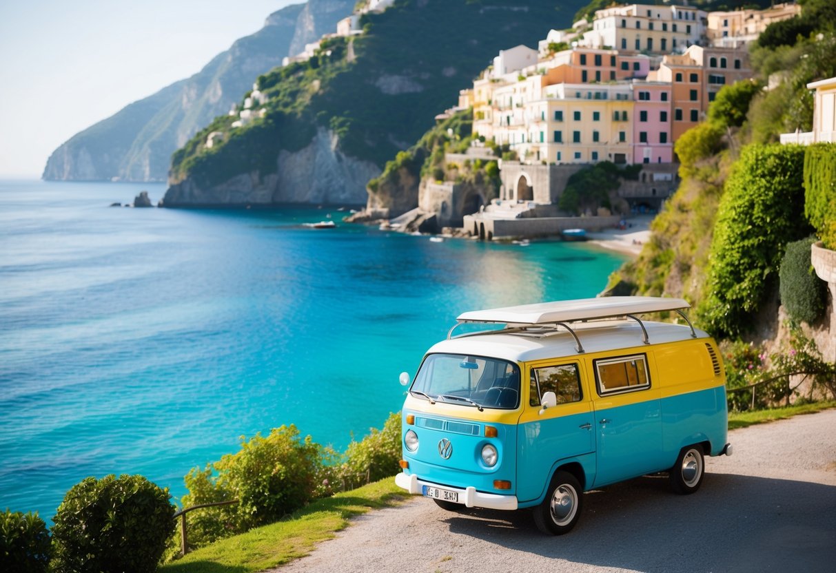 Ein farbenfroher Lieferwagen parkt an der Klippe mit Blick auf das türkisfarbene Wasser der Amalfiküste in Italien, umgeben von üppigem Grün und pastellfarbenen Gebäuden