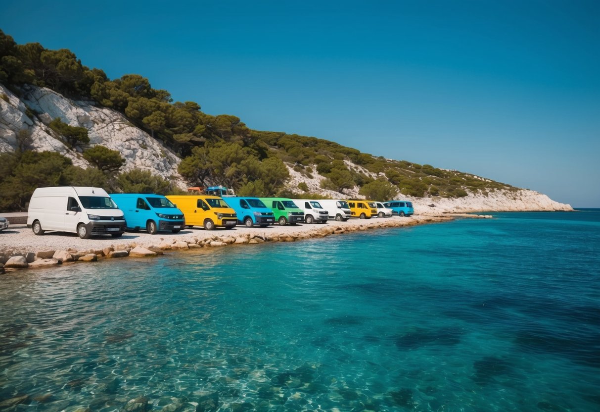 Felsige Küste Dalmatiens, Kroatien mit klarem, blauem Wasser und einer Reihe bunter Van-Life-Fahrzeuge, die am Ufer geparkt sind