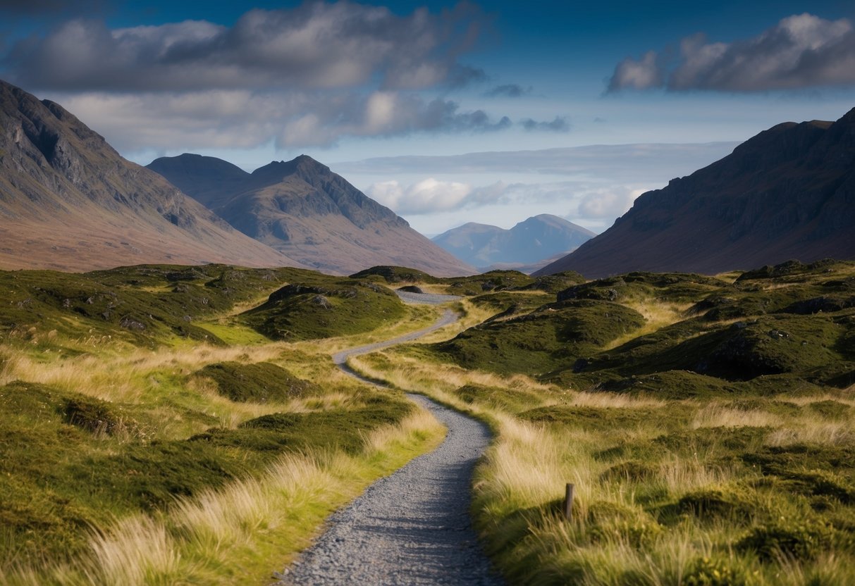 Ein malerischer Blick auf den West Highland Way in Schottland mit schroffen Bergen, üppigem Grün und kurvenreichen Wegen