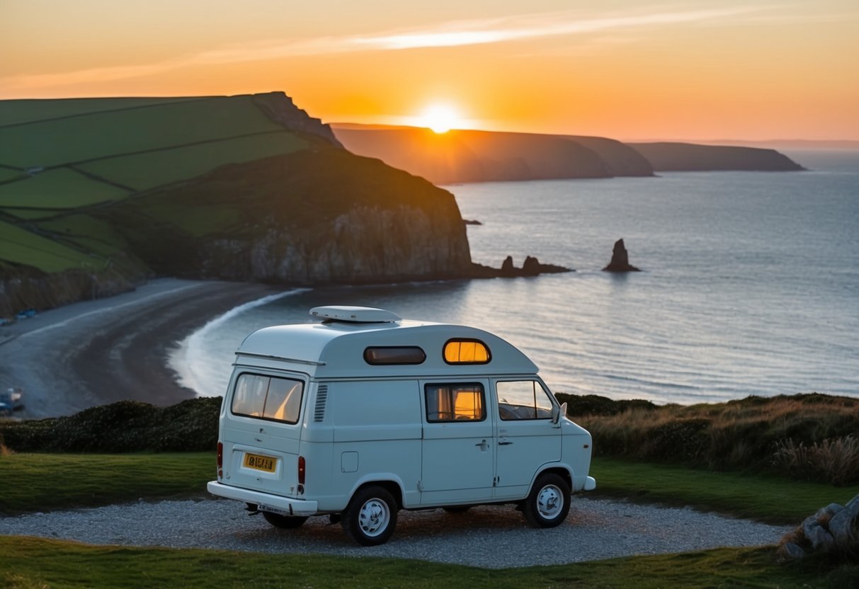 Ein gemütlicher Wohnmobil, der auf einer Klippe mit Blick auf die zerklüftete Küste von Cornwall, England, geparkt ist. Die Sonne geht in der Ferne unter und wirft einen warmen Schein über die malerische Landschaft