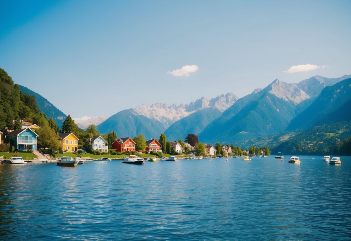 Ein ruhiger See, umgeben von Bergen, mit bunten Häusern am Ufer und Booten im Wasser. Üppiges Grün und klarer blauer Himmel runden das malerische Bild ab