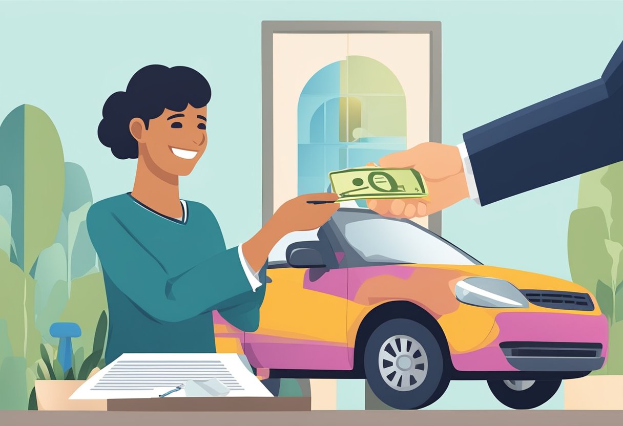 A person handing over car keys to a charity representative, with a smile on their face. A tax deduction form is being exchanged, symbolizing the benefits of donating a vehicle