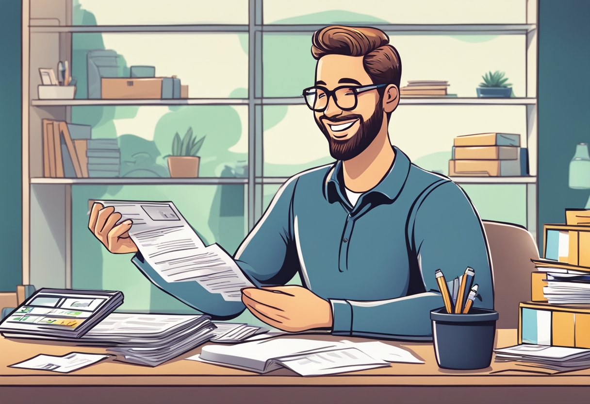 A person donating a car at a charity organization, receiving a receipt, and smiling while thinking about tax deductions