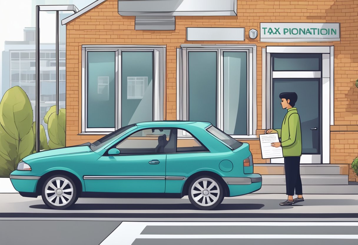 A person donating a car and receiving documentation for tax deduction. The car is parked in front of a charity organization's office with a sign indicating donation procedures