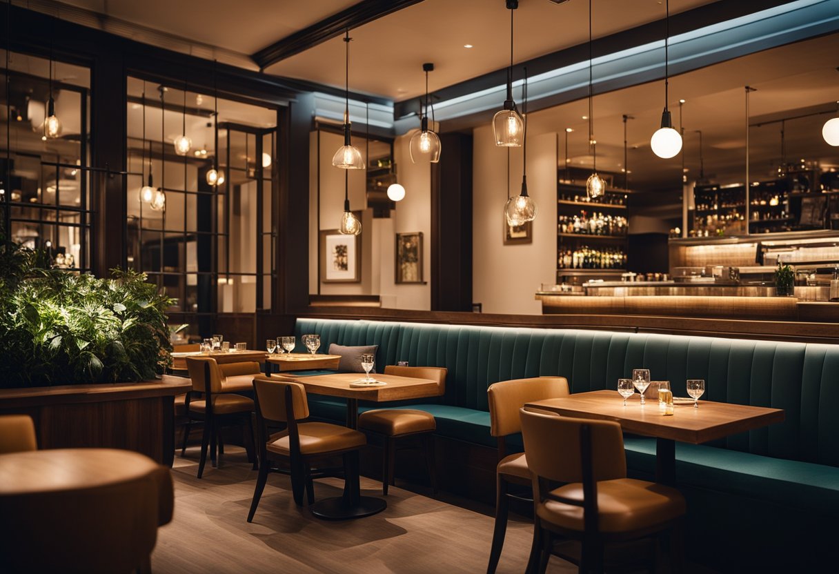 A cozy restaurant with warm, ambient lighting from hanging pendant lamps and soft, indirect light from recessed fixtures. Tables are illuminated with small, decorative lamps, creating a welcoming and intimate atmosphere