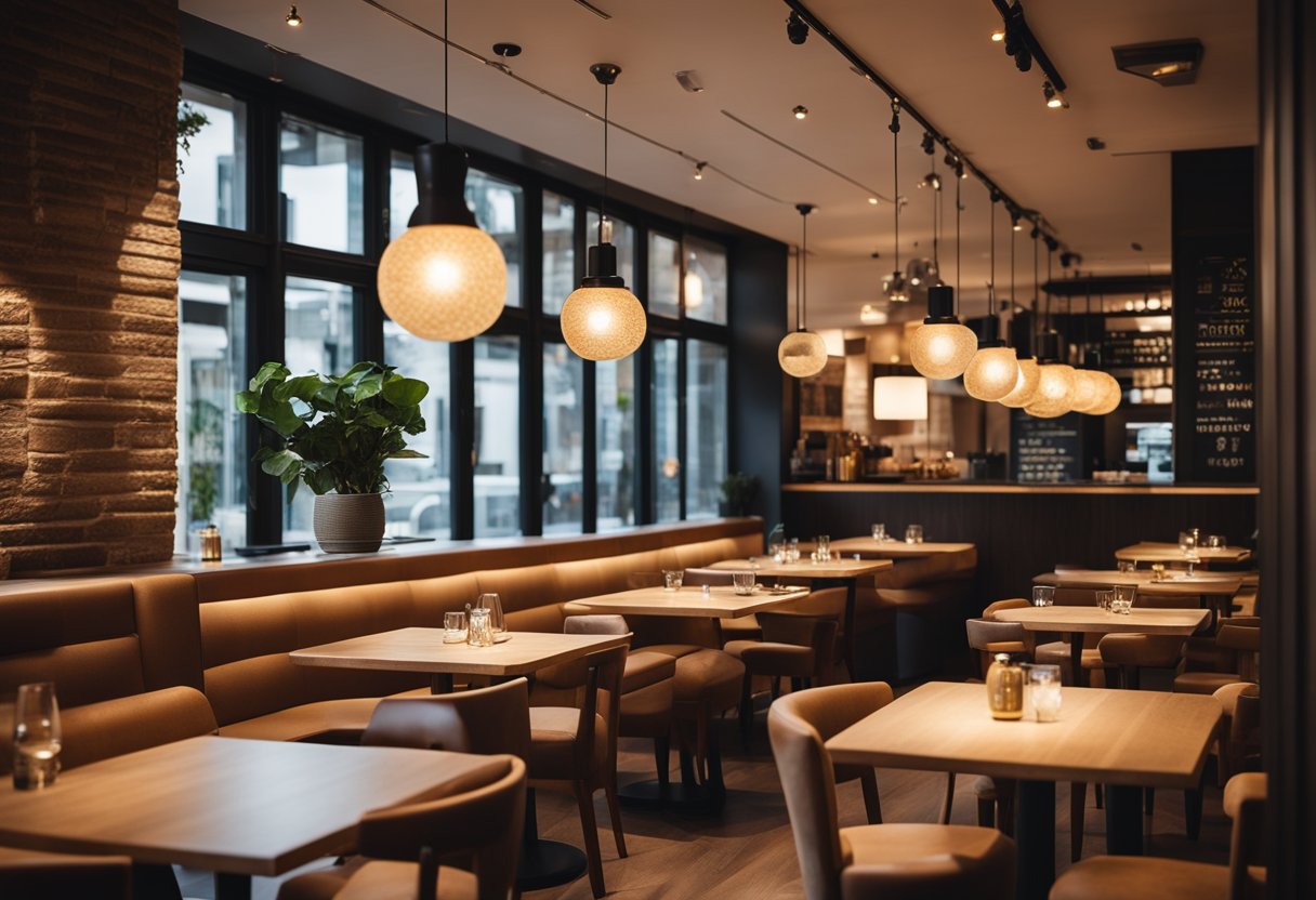 A cozy cafe with warm, ambient lighting from hanging pendant lamps and soft, recessed spotlights highlighting the dining area