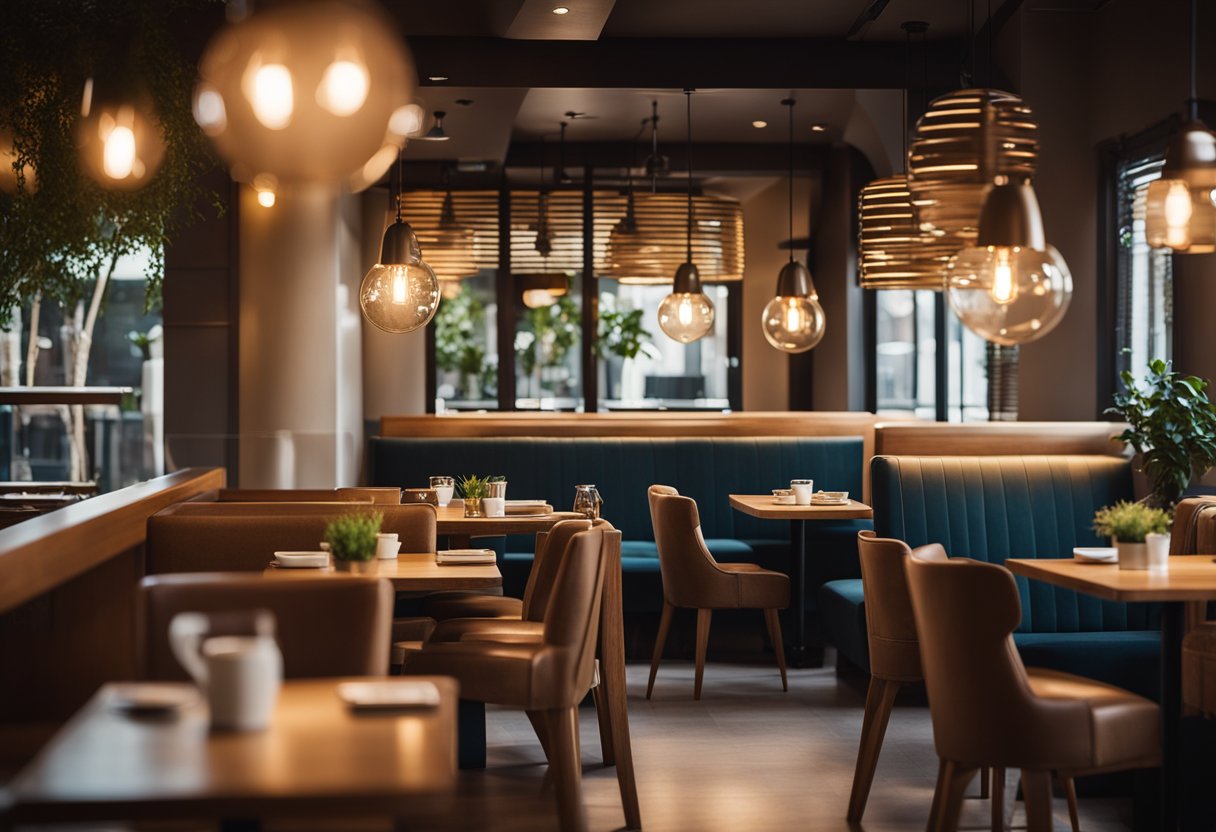 A cozy cafe with warm, ambient lighting. Pendant lights hang above wooden tables and plush chairs. Soft, indirect light creates a welcoming atmosphere