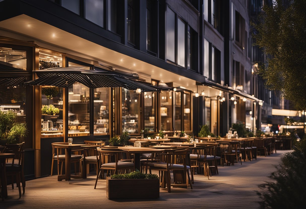 An outdoor scene with illuminated restaurant and café facades, showcasing various lighting options for ambiance and visibility