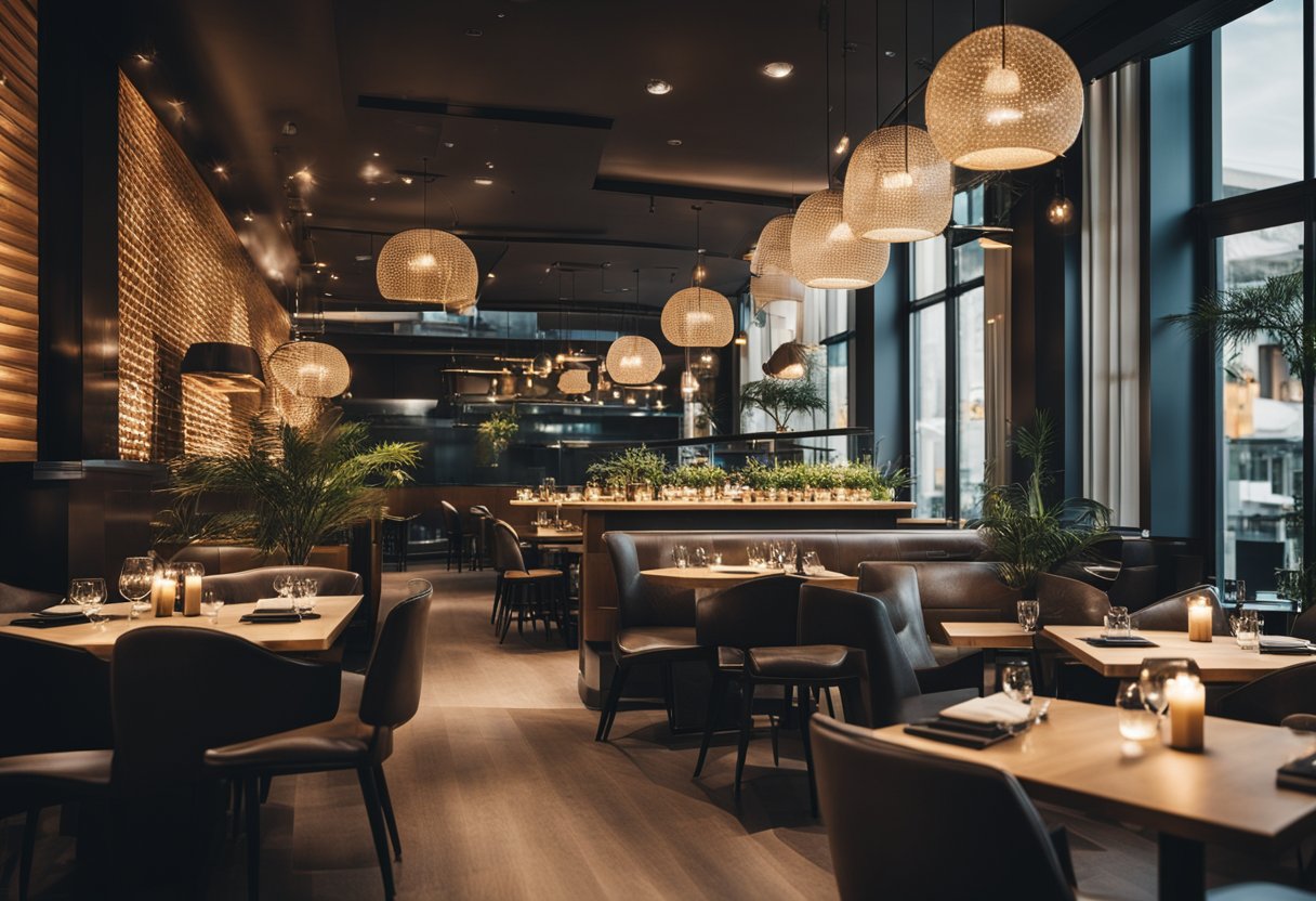 A modern restaurant with innovative lighting solutions, creating a warm and inviting atmosphere