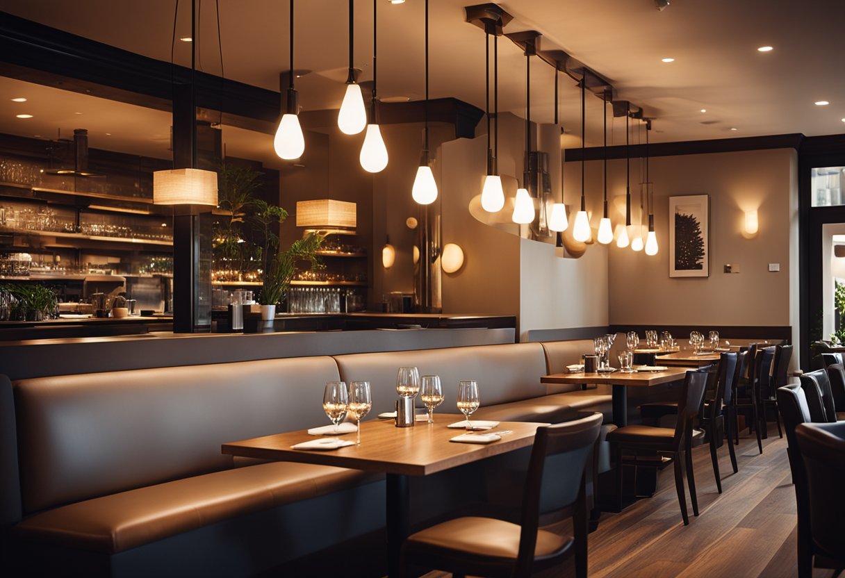 A cozy restaurant with warm, ambient lighting from hanging pendant lights and discreet wall sconces. Tables are illuminated with soft, diffused light, creating a welcoming and intimate atmosphere