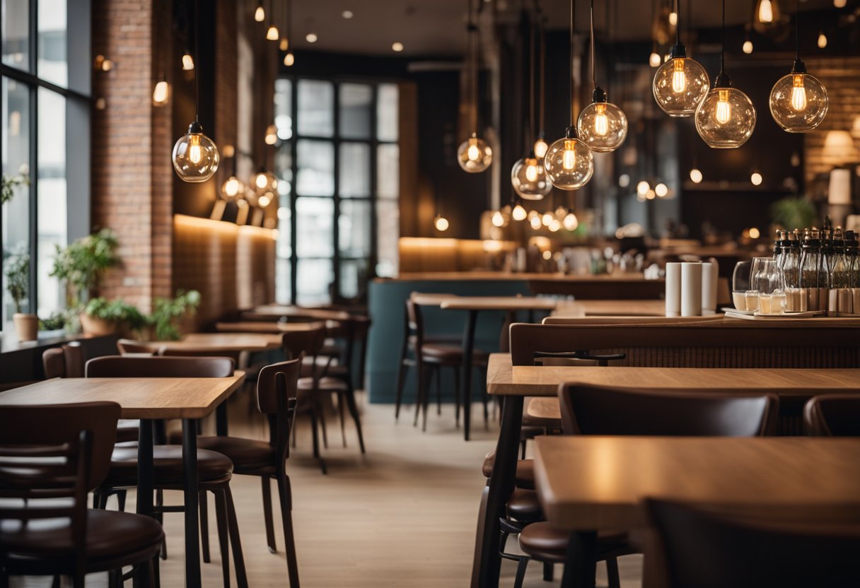 A cozy cafe with warm, ambient lighting from hanging pendant lamps and soft, indirect illumination from wall sconces. Tables and chairs are arranged in a welcoming and intimate setting