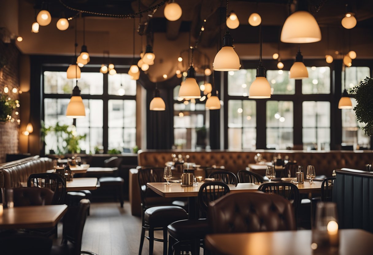 A cozy restaurant with warm, ambient lighting. Hanging pendant lights over tables and a soft glow from wall sconces create a welcoming atmosphere