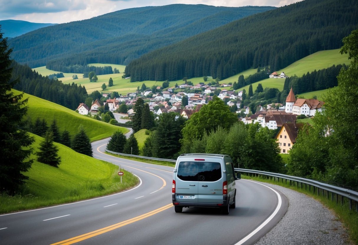 Ein Van fährt durch den malerischen Schwarzwald, vorbei an üppig grünen Hügeln, dichten Wäldern und bezaubernden Dörfern. Die Straße schlängelt sich durch die malerische Landschaft, in der Ferne erheben sich Berge