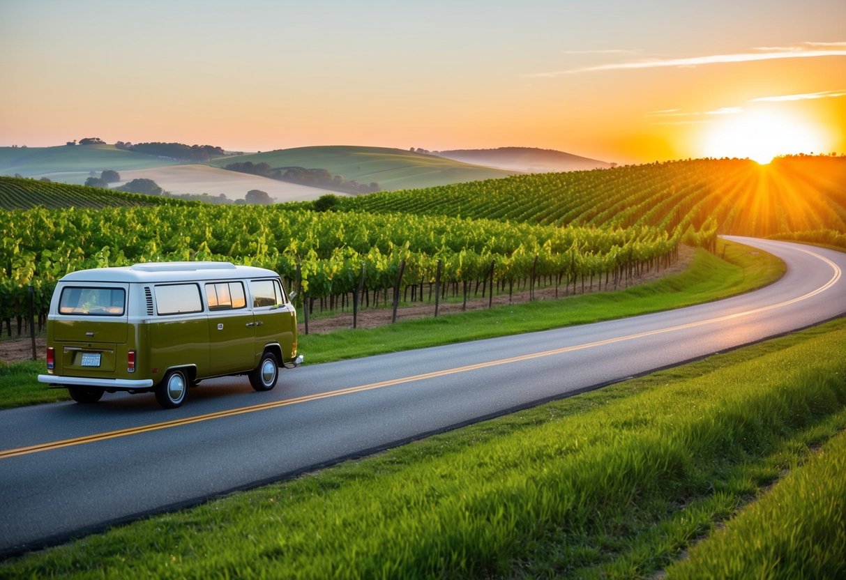 Eine malerische Straße, die sich durch üppige Weinberge schlängelt, an der ein Oldtimer-Van parkt. Die Sonne geht hinter den sanften Hügeln unter und wirft einen warmen Schein über die malerische Landschaft