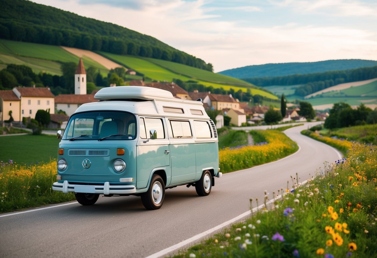 Ein gemütliches Wohnmobil, das in einer malerischen Umgebung an der Romantischen Straße geparkt ist, umgeben von sanften Hügeln, bezaubernden Dörfern und farbenfrohen Wildblumen