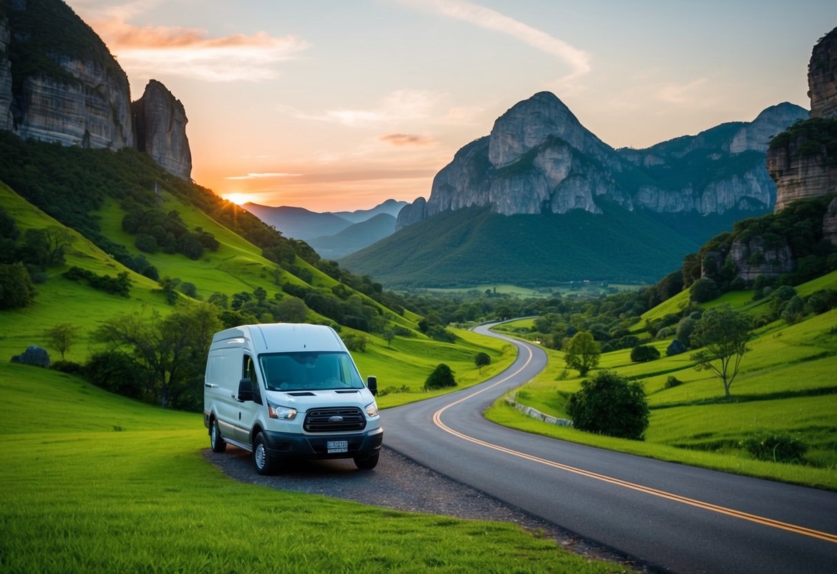 Ein Lieferwagen, der in einem üppigen, grünen Tal geparkt ist, umgeben von hoch aufragenden Felsformationen. Eine kurvenreiche Straße führt in die Ferne, während die Sonne hinter den Bergen untergeht