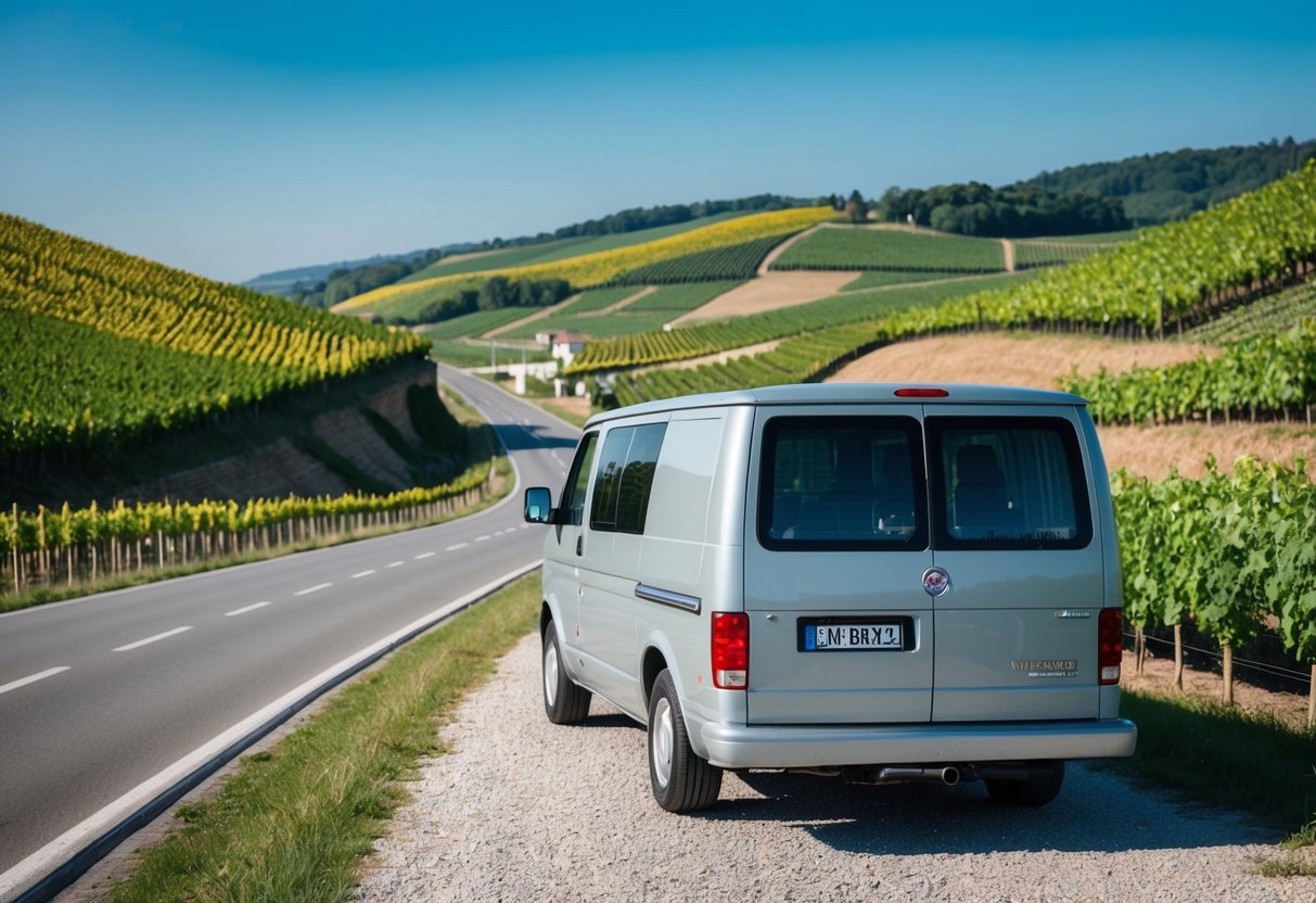 Ein Lieferwagen parkt entlang der Mosel-Weinstraße, umgeben von sanften Hügeln und Weinbergen. Ein klarer blauer Himmel und eine kurvenreiche Straße, die in die Ferne führt