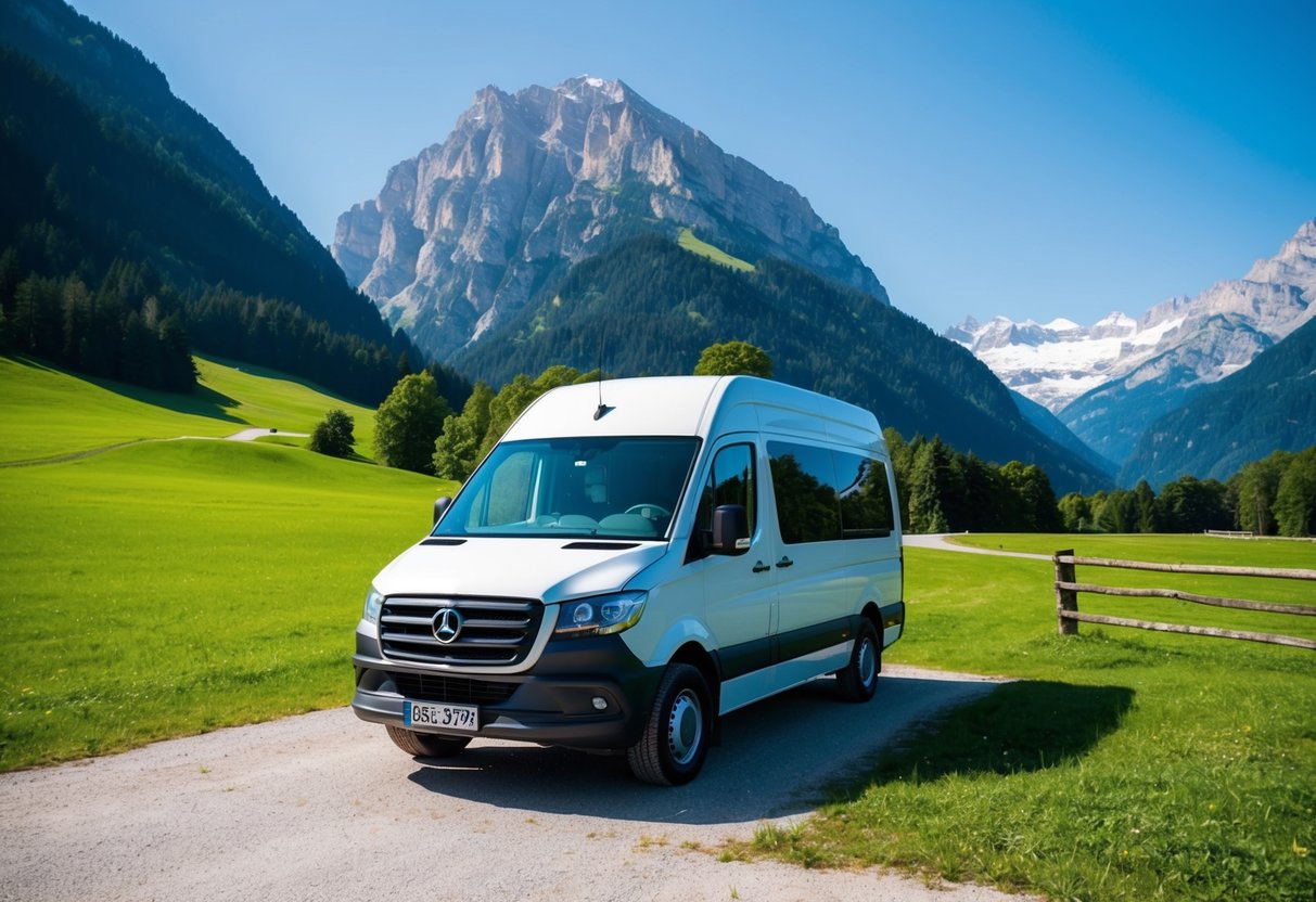 Ein Lieferwagen, der an einem malerischen Ort in den bayerischen Alpen geparkt ist, umgeben von üppigen grünen Wiesen, hohen Bergen und einem klaren blauen Himmel