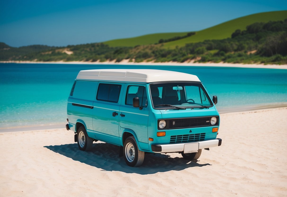 Ein Lieferwagen parkt an einem Sandstrand mit klarem, blauem Wasser und grünen Hügeln im Hintergrund, unter einem hellen, sonnigen Himmel