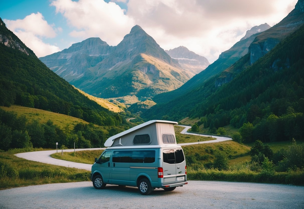 Ein Wohnmobil parkt in einem malerischen Bergtal, umgeben von üppigem Grün und hohen Gipfeln, mit einer kurvenreichen Straße, die in die Ferne führt