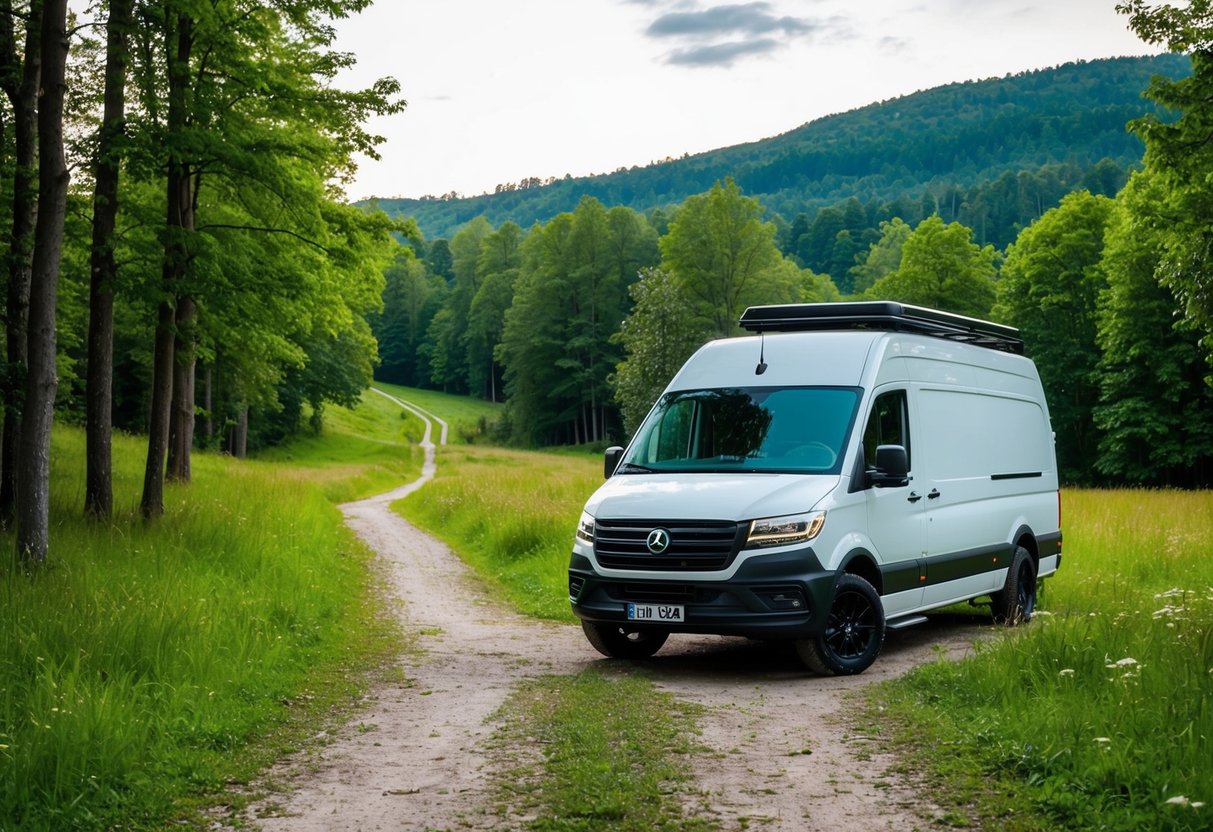 Ein Lieferwagen parkt auf einer üppigen Waldlichtung, von der aus Wanderwege in den Pfälzer Wald führen. Umliegende Bäume und sanfte Hügel schaffen eine ruhige und malerische Szene für die Illustration eines Roadtrips im Van-Leben