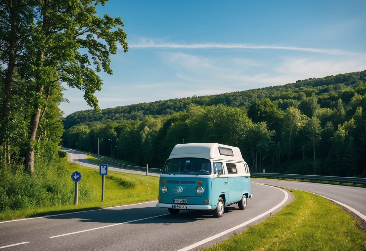 Ein gemütlicher Van parkt in der Eifel Vulkanstraße 12, umgeben von üppigem Grün und einer kurvenreichen Straße, unter strahlend blauem Himmel