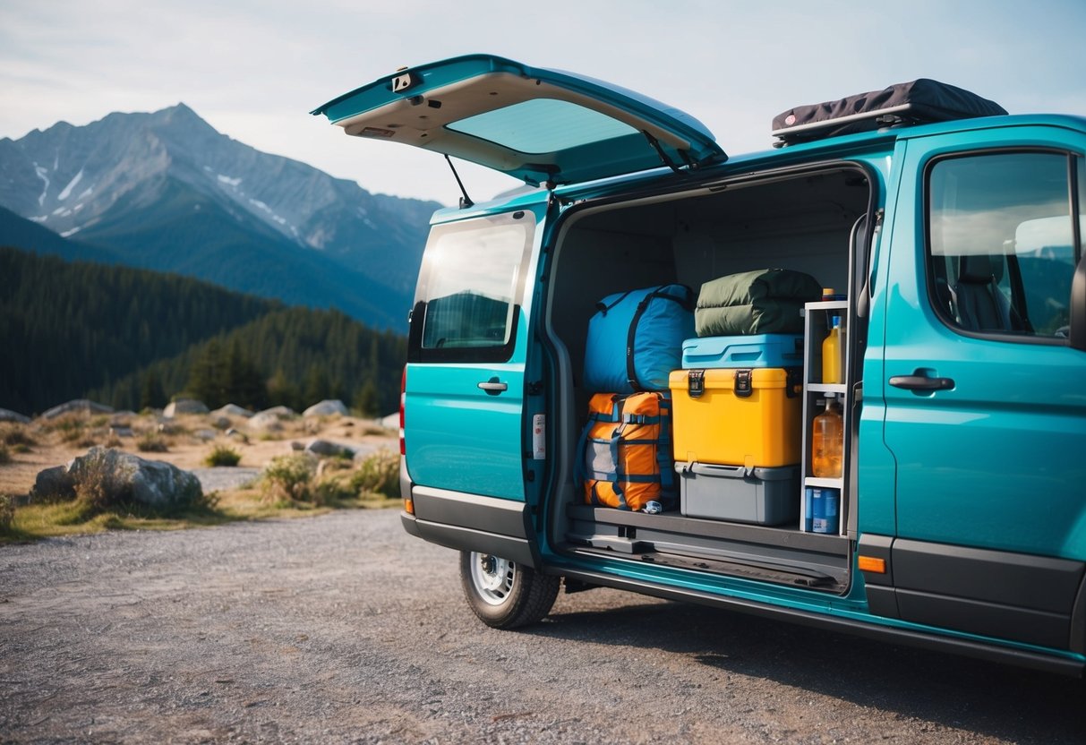 Ein an einem malerischen Ort geparkter Lieferwagen, in den Campingausrüstung und Vorräte geladen werden. Berglandschaft im Hintergrund mit klarem Himmel und einem Gefühl von Abenteuer und Freiheit