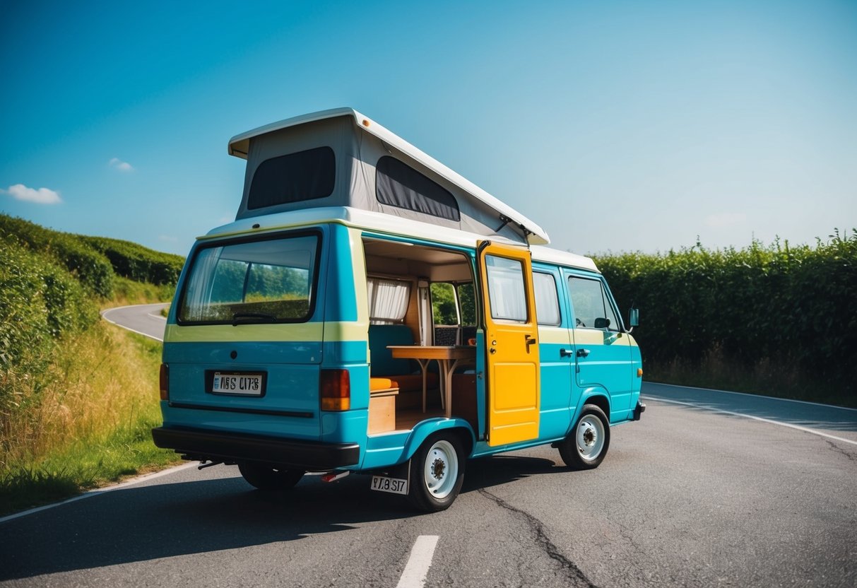 Ein farbenfroher Lieferwagen parkt auf einer kurvenreichen Straße, umgeben von üppigem Grün und einem klaren blauen Himmel. Die Tür des Lieferwagens steht offen und gibt den Blick frei auf einen gemütlichen Innenraum mit Vorhängen und einem kleinen Tisch