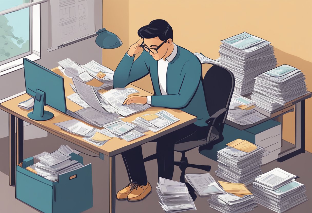 A person sitting at a desk, surrounded by bills and financial documents. They are calculating and strategizing to reduce debt within 24-48 months