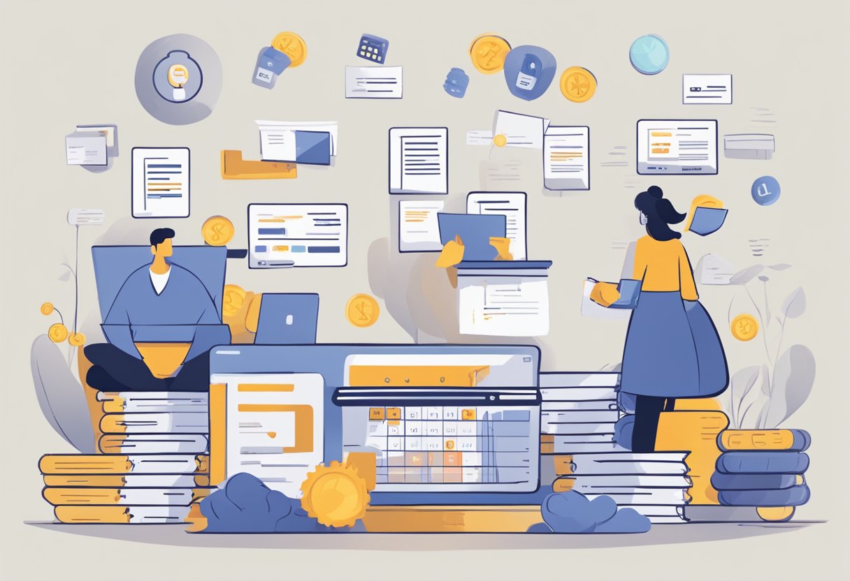 A person making monthly payments, with a decreasing pile of debt over 24-48 months. Multiple payment options and credit impact shown