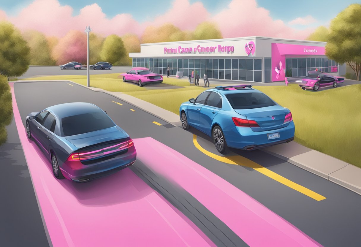 A car being towed away from a donation center with a pink breast cancer awareness ribbon on the back