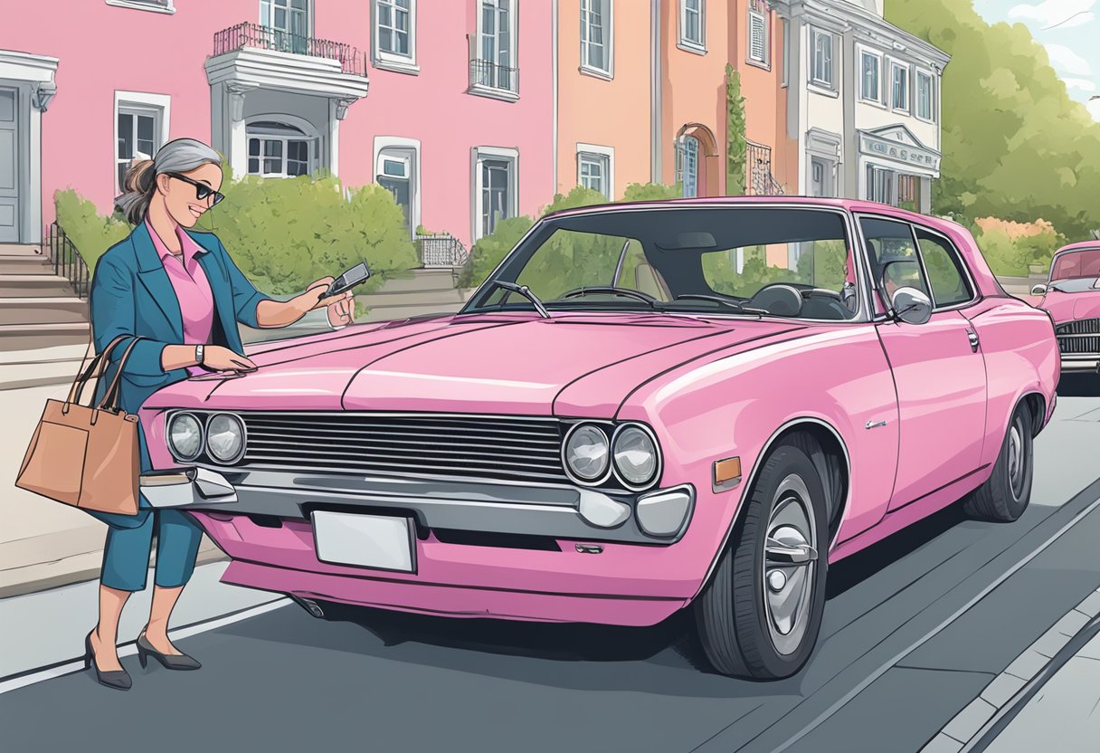 A car being donated to a breast cancer charity event, with a representative accepting the keys and paperwork from the donor