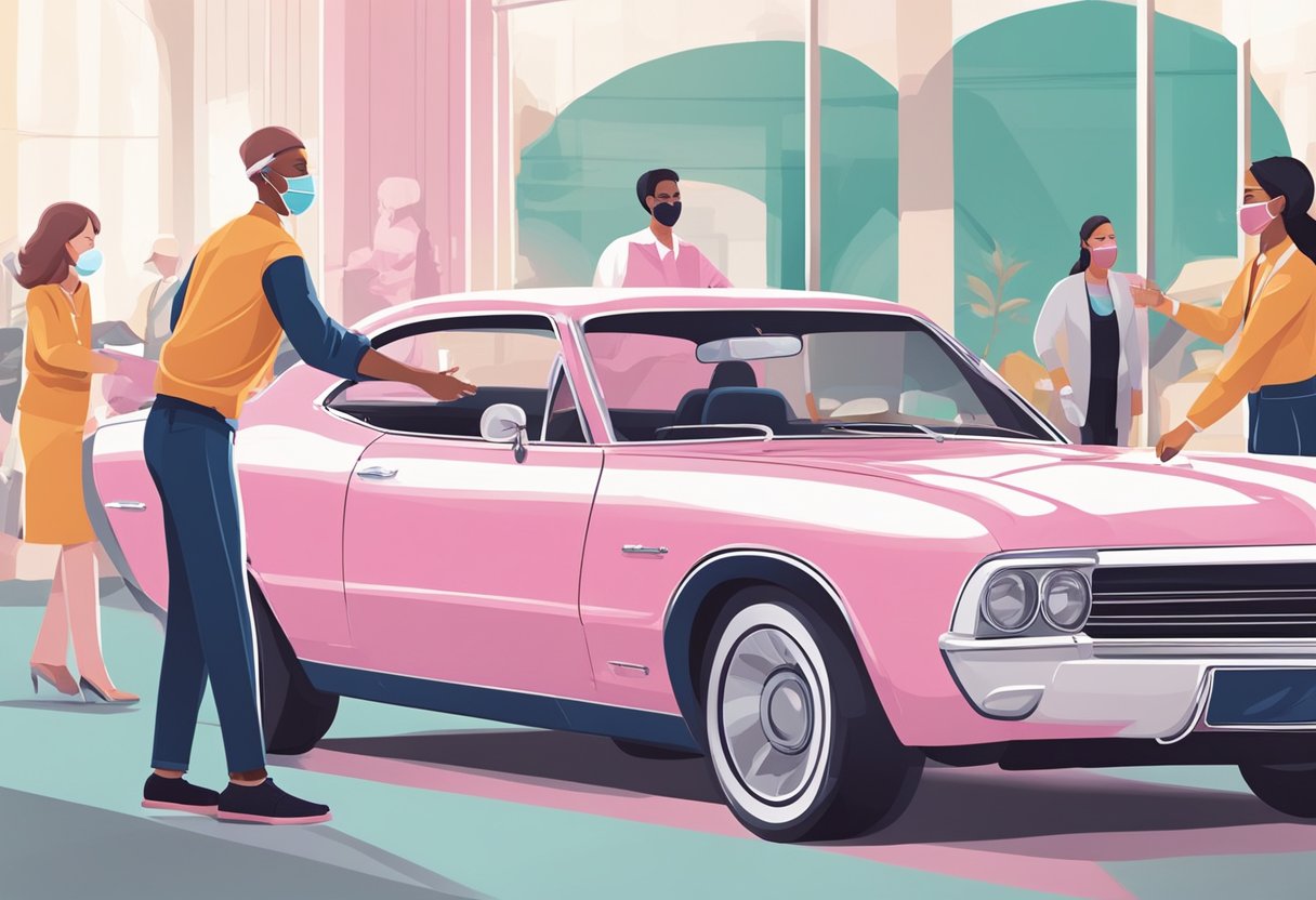 A car being donated to a breast cancer foundation, with a representative accepting the donation and shaking hands with the donor