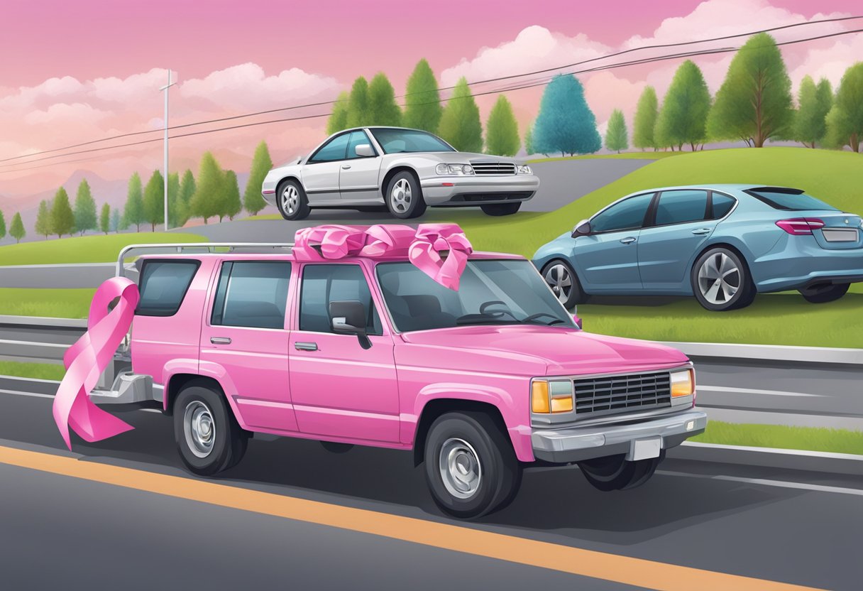 A car being towed away by a donation service, with a pink breast cancer awareness ribbon displayed prominently on the vehicle