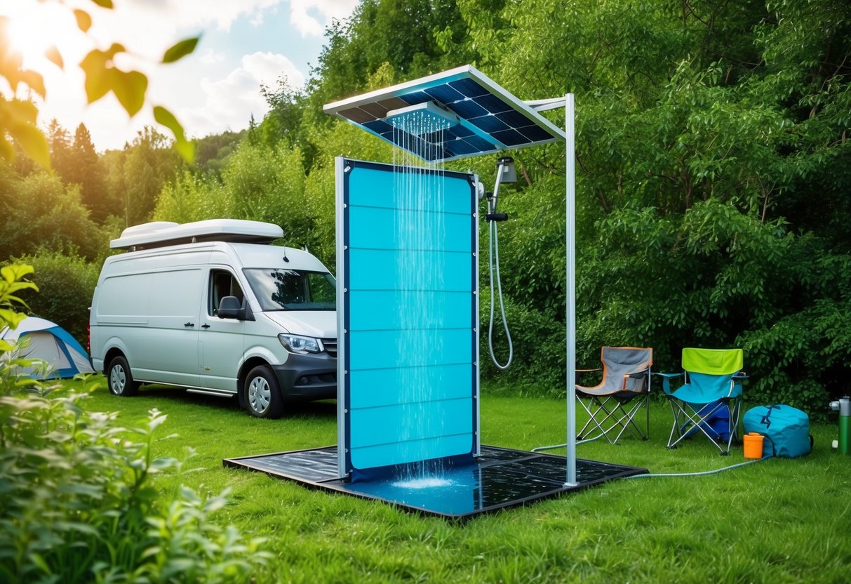 Eine solarbetriebene Außendusche, umgeben von üppigem Grün und Campingausrüstung, in der Nähe parkt ein Van