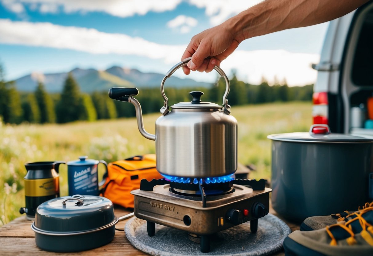 Ein handbetriebener Wasserkocher steht auf einem rustikalen Campingkocher, umgeben von Outdoor-Ausrüstung und einer malerischen Vanlife-Kulisse