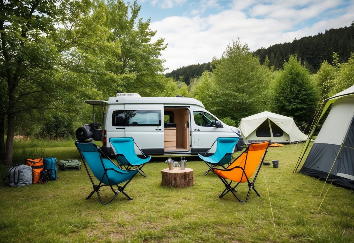 Ein Campingplatz mit recycelbaren Campingstühlen rund um einen gemütlichen Van, umgeben von nachhaltiger Campingausrüstung und Natur