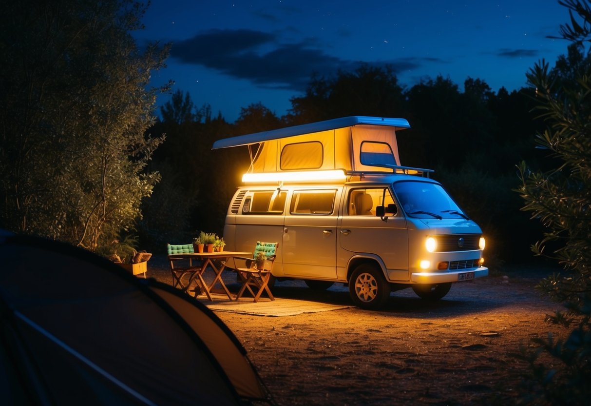 Ein gemütlicher Campingplatz bei Nacht mit solarbetriebenen LED-Leuchten, die einen von der Natur umgebenen Van beleuchten