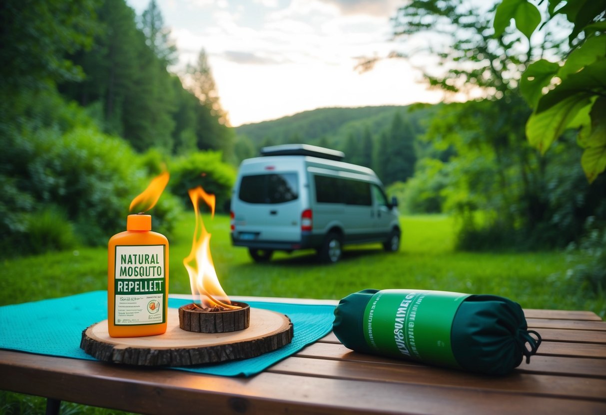 Ein ruhiger Campingplatz, umgeben von üppigem Grün, mit einem in der Nähe geparkten Van. Auf einem Tisch brennt ein natürliches Mückenschutzmittel neben nachhaltiger Campingausrüstung