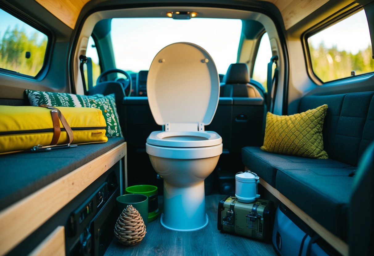 Eine Komposttoilette in einem Lieferwagen, umgeben von nachhaltiger Campingausrüstung und von der Natur inspirierter Dekoration