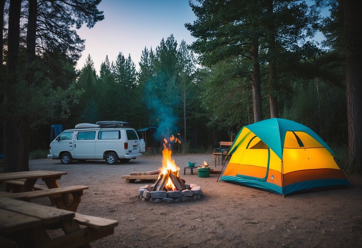 Ein gemütlicher Campingplatz mit einem farbenfrohen Upcycling-Zelt, umgeben von Bäumen und einem Lagerfeuer, in der Nähe parkt ein Van