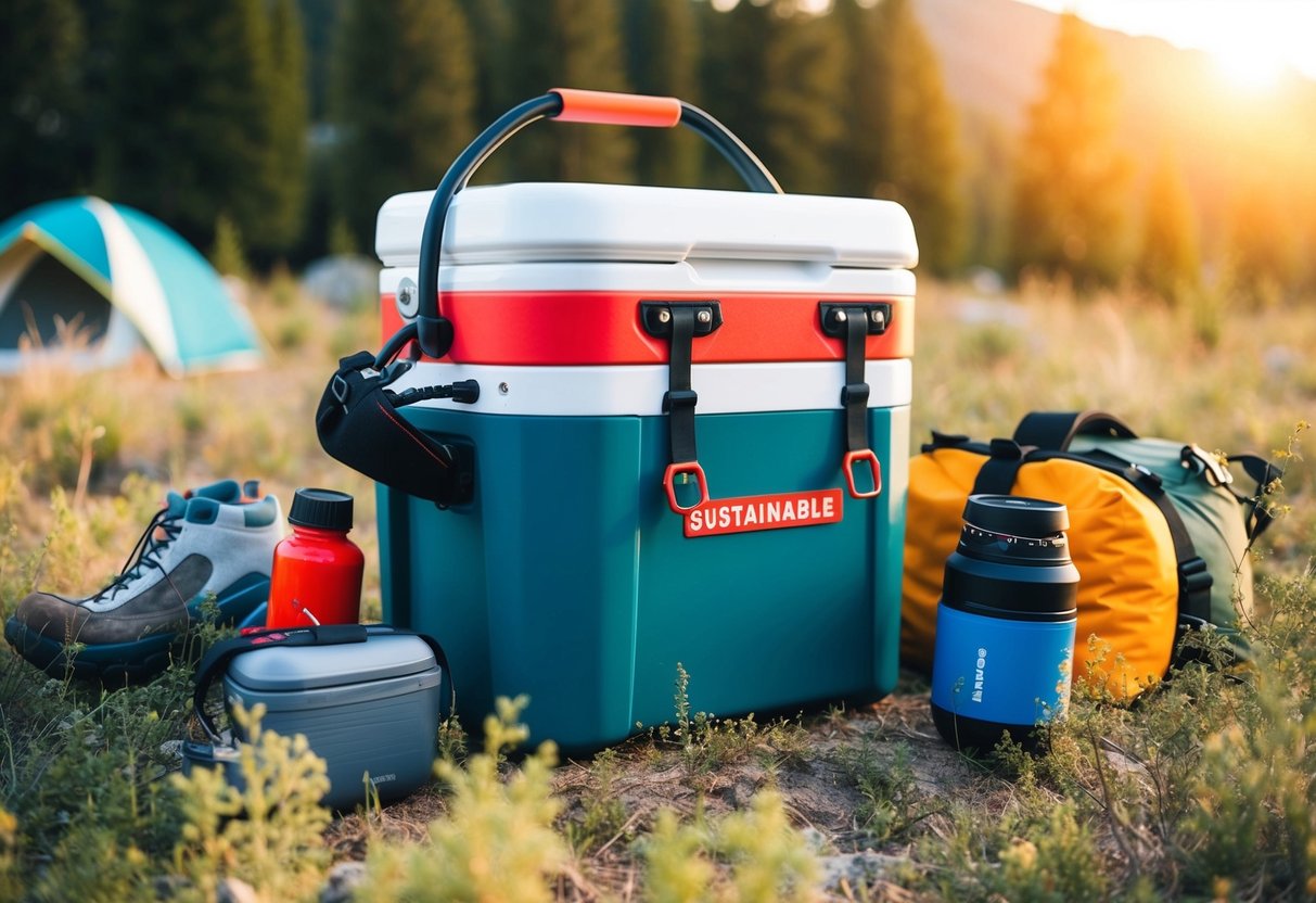 Eine nachhaltige Kühlbox, umgeben von Campingausrüstung und Natur